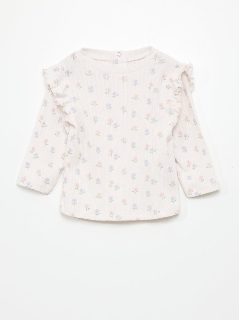 T-shirt nervurada de manga comprida e com folhos ROSA - Kiabi