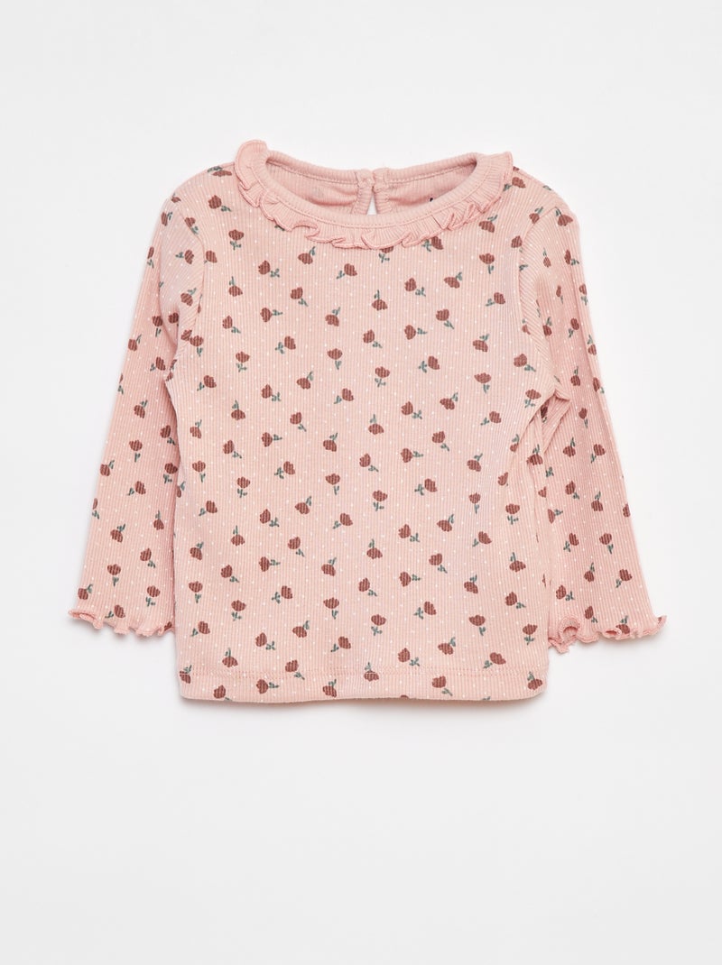 T-shirt nervurada de manga comprida Rosa - Kiabi