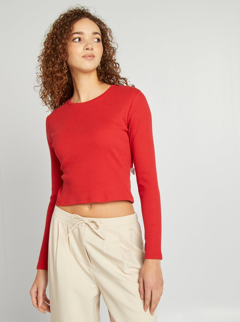 T-shirt nervurada de manga comprida VERMELHO - Kiabi