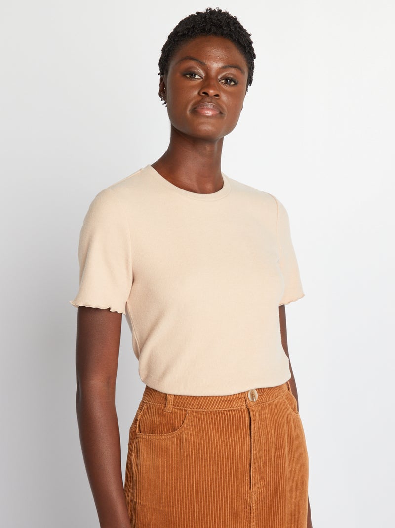 T-shirt nervurada em material fofo BEGE - Kiabi