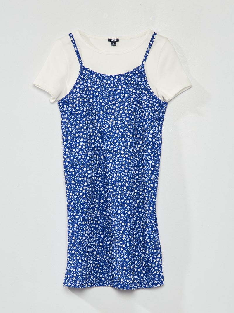 T-shirt nervurada + vestido florido  - 2 peças AZUL - Kiabi