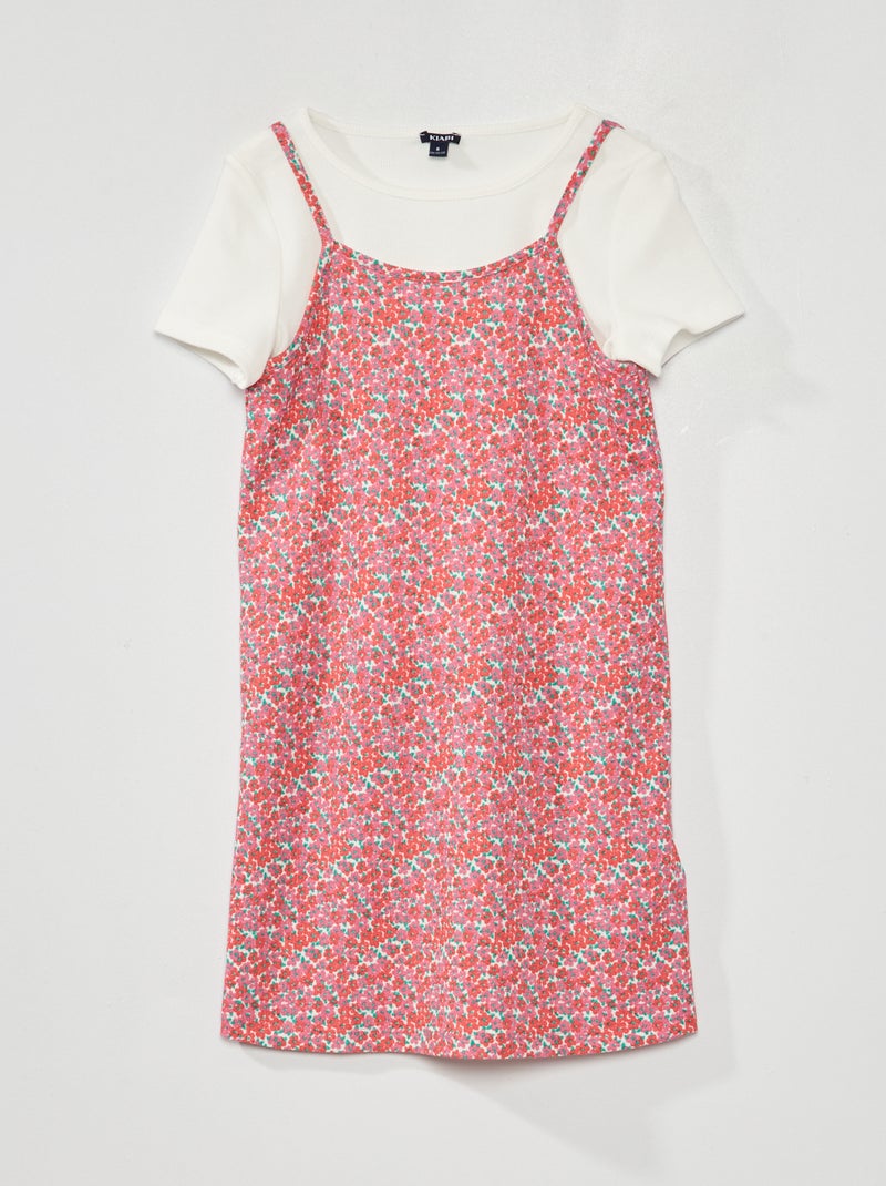 T-shirt nervurada + vestido florido  - 2 peças ROSA - Kiabi