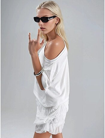 T-shirt one-shoulder estampada com decote barco hiccup