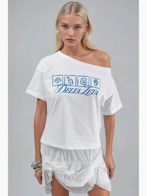 T-shirt one-shoulder estampada com decote barco hiccup - Kiabi T-shirt one-shoulder estampada com decote barco hiccup - Kiabi