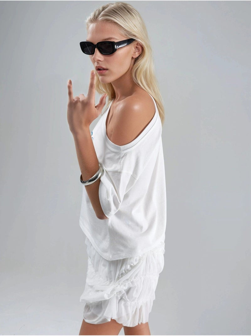 T-shirt one-shoulder estampada com decote barco hiccup Branco sujo - Kiabi