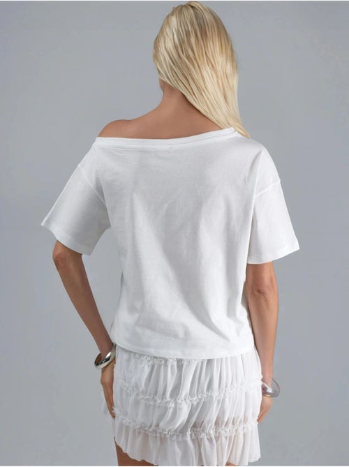T-shirt one-shoulder estampada com decote barco hiccup - Kiabi T-shirt one-shoulder estampada com decote barco hiccup - Kiabi