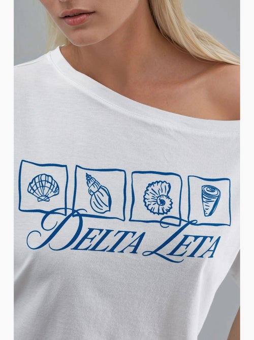 T-shirt one-shoulder estampada com decote barco hiccup - Kiabi T-shirt one-shoulder estampada com decote barco hiccup - Kiabi