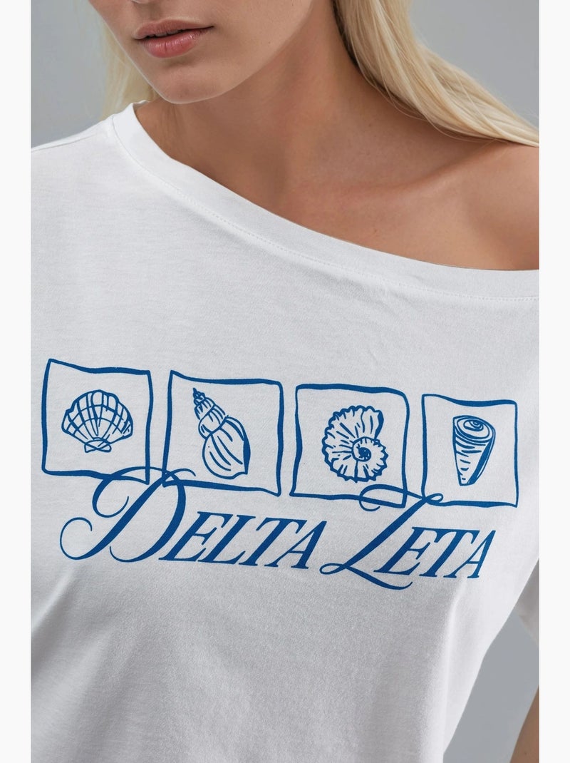 T-shirt one-shoulder estampada com decote barco hiccup Branco sujo - Kiabi