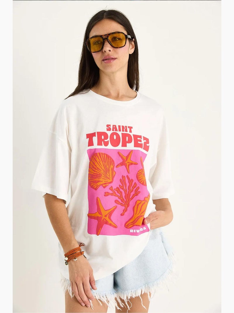 T-shirt oversize com estampado de conchas de algodão lucci Branco - Kiabi