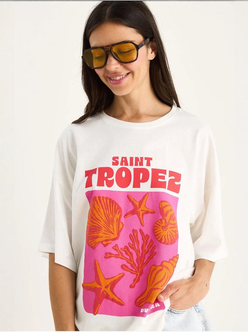 T-shirt oversize com estampado de conchas de algodão lucci Branco - Kiabi
