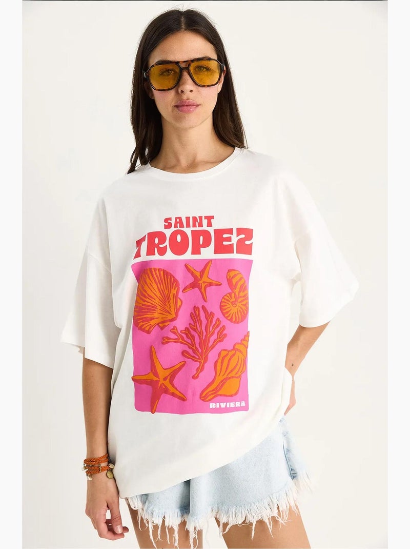 T-shirt oversize com estampado de conchas de algodão lucci Branco - Kiabi