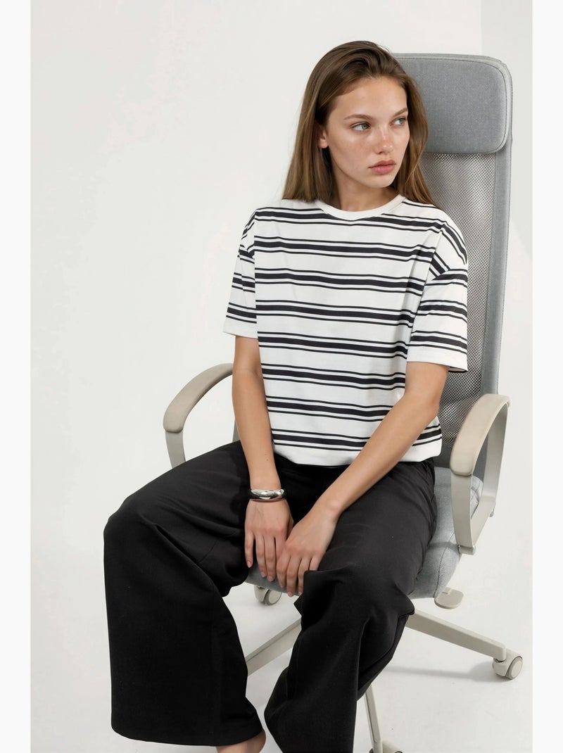 T-shirt oversized às riscas com gola redonda hiccup Branco Preto - Kiabi