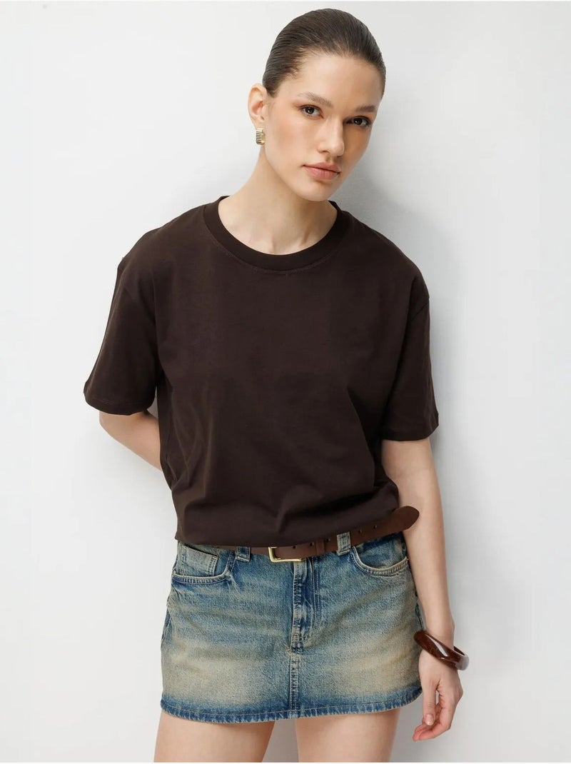 T-shirt oversized canelada com gola redonda mixray Castanho - Kiabi