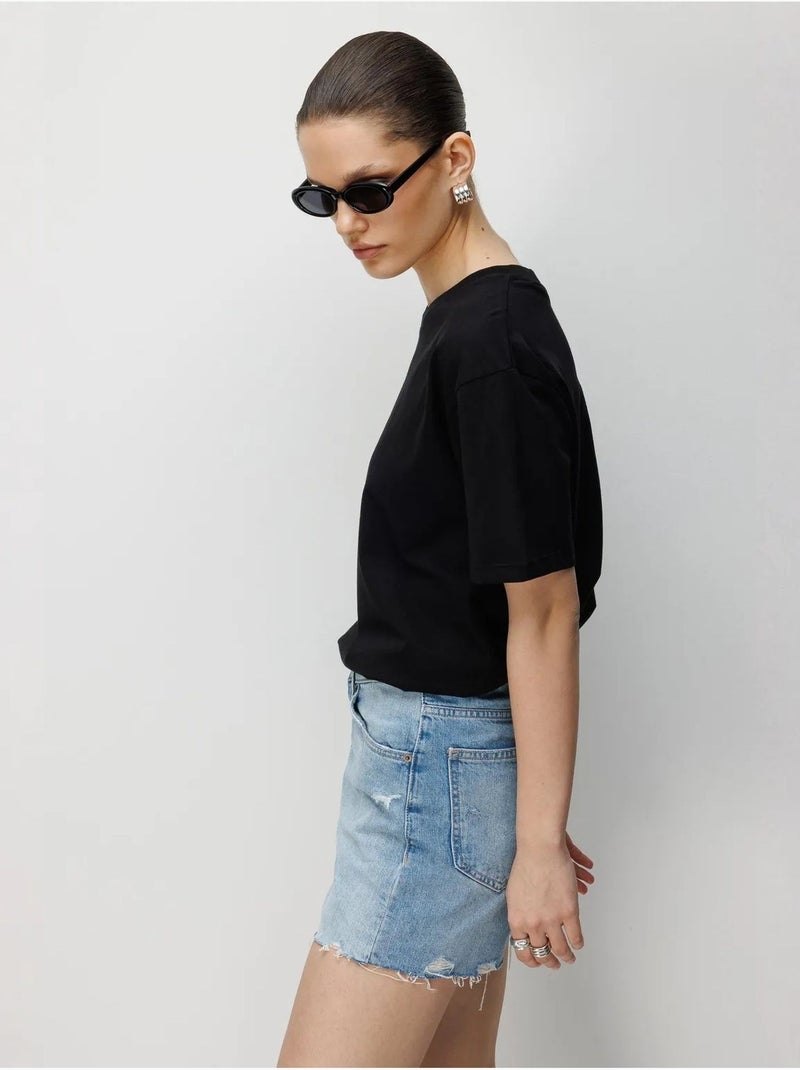 T-shirt oversized canelada com gola redonda mixray Preto - Kiabi