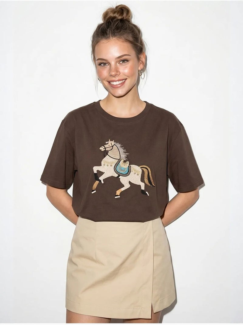 T-shirt oversized com bordado e lantejoulas, gola redonda lucci Castanho - Kiabi