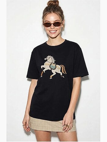 T-shirt oversized com bordado e lantejoulas, gola redonda lucci