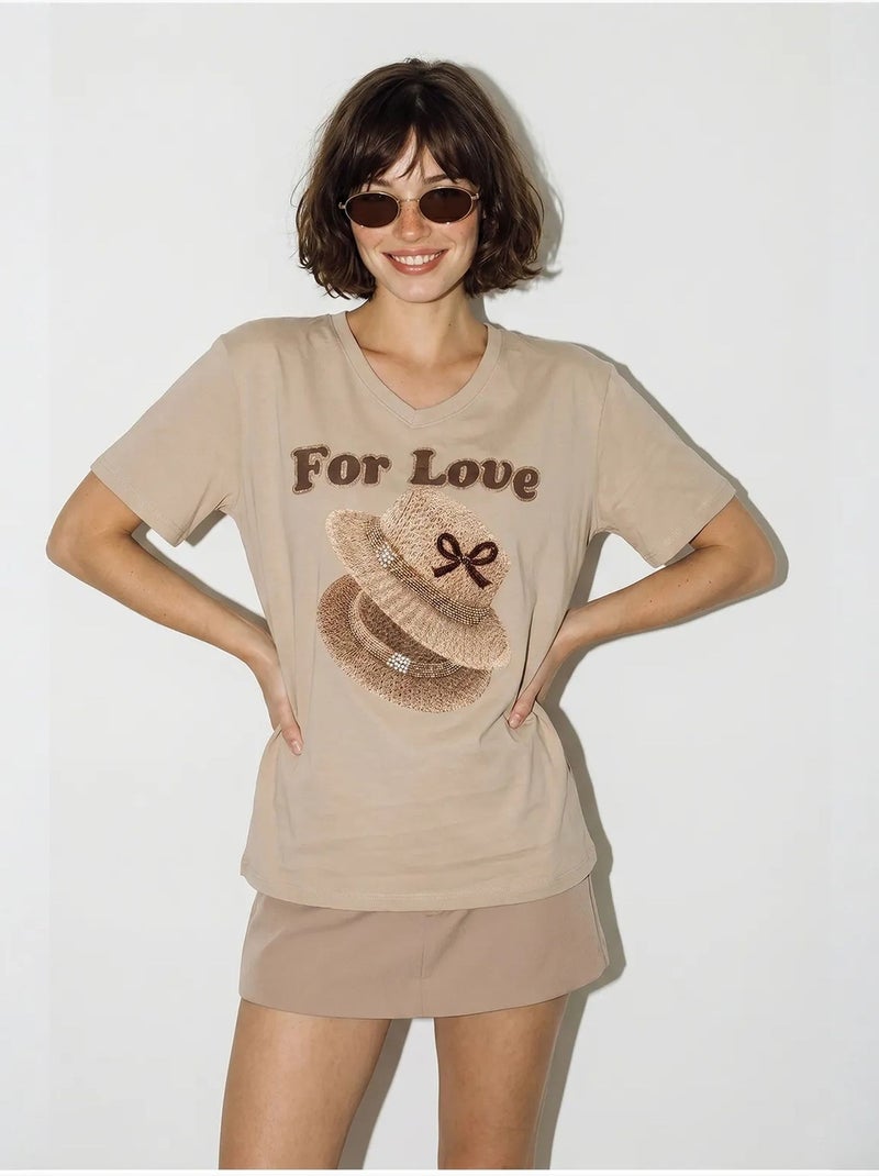 T-shirt oversized com decote em v e estampado lucci Bege-argila - Kiabi