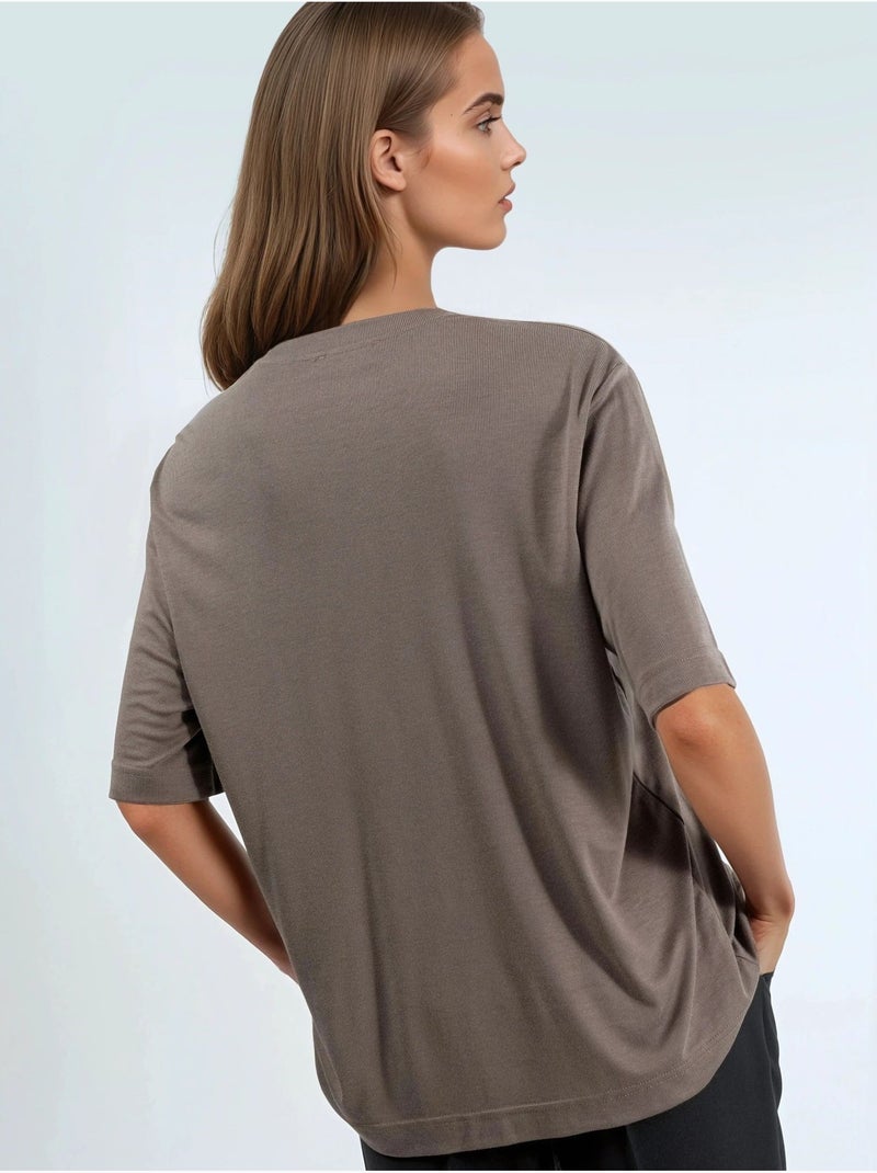 T-shirt oversized com decote redondo canelada busem Castanho-claro - Kiabi