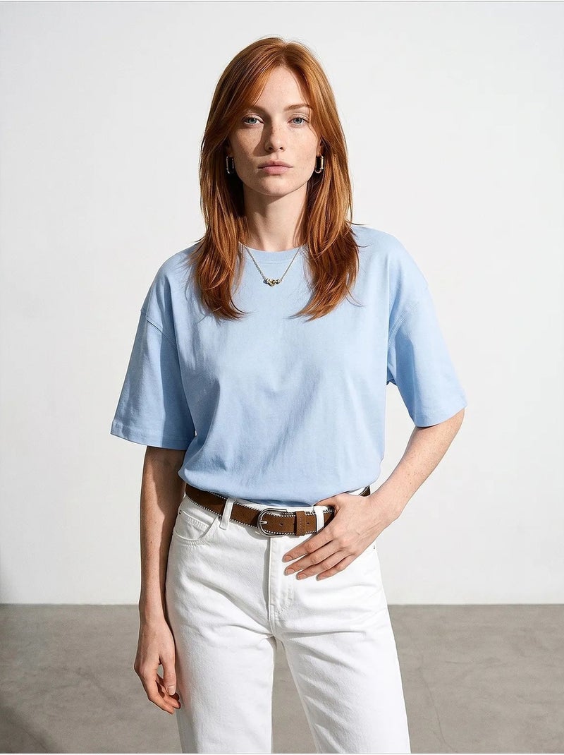 T-shirt oversized de algodão com decote redondo dilvin Azul-céu - Kiabi