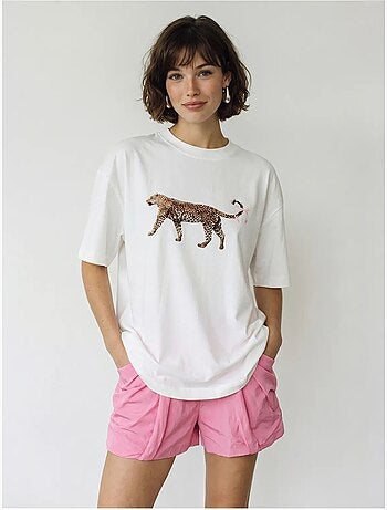 T-shirt oversized de algodão com estampa de leopardo lucci