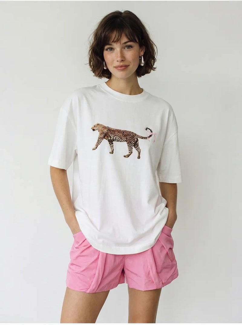 T-shirt oversized de algodão com estampa de leopardo lucci Branco - Kiabi