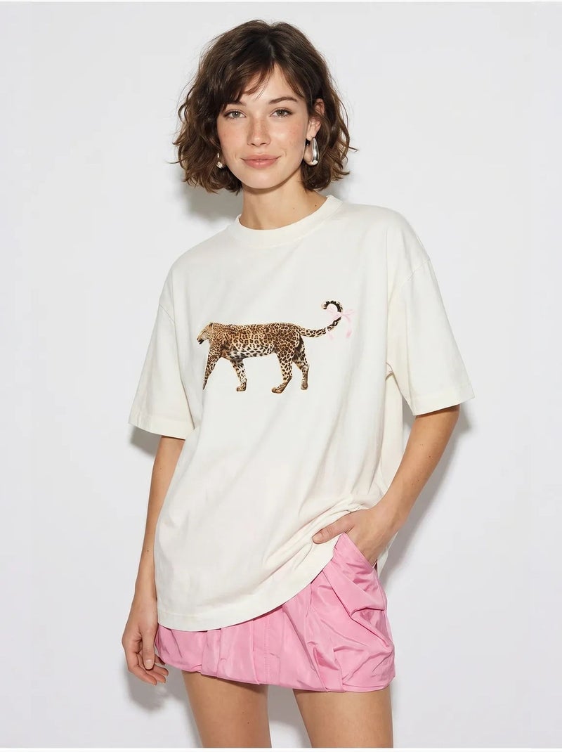 T-shirt oversized de algodão com estampa de leopardo lucci Branco - Kiabi