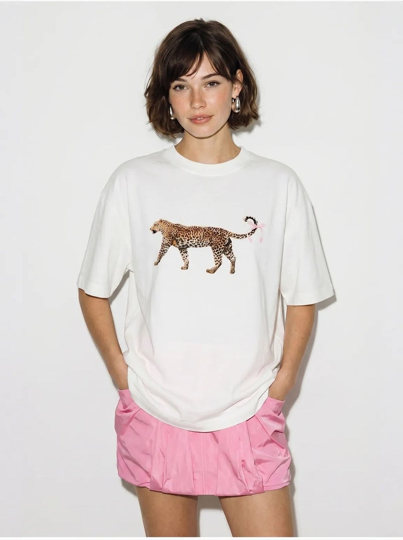 T-shirt oversized de algodão com estampa de leopardo lucci Branco - Kiabi
