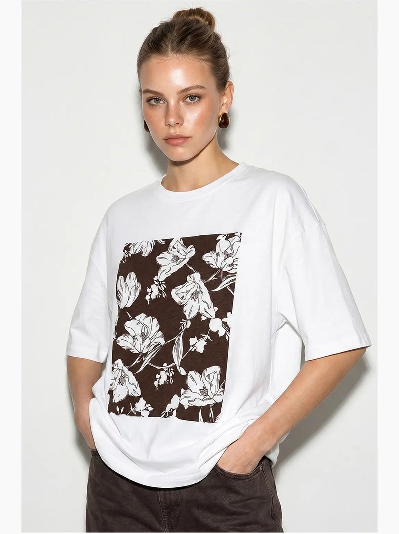 T-shirt oversized de algodão com estampado floral lucci Branco Castanho - Kiabi