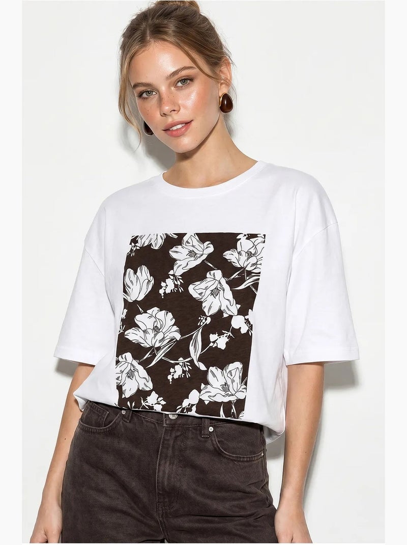 T-shirt oversized de algodão com estampado floral lucci Branco Castanho - Kiabi