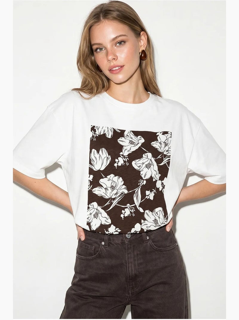 T-shirt oversized de algodão com estampado floral lucci Branco Castanho - Kiabi