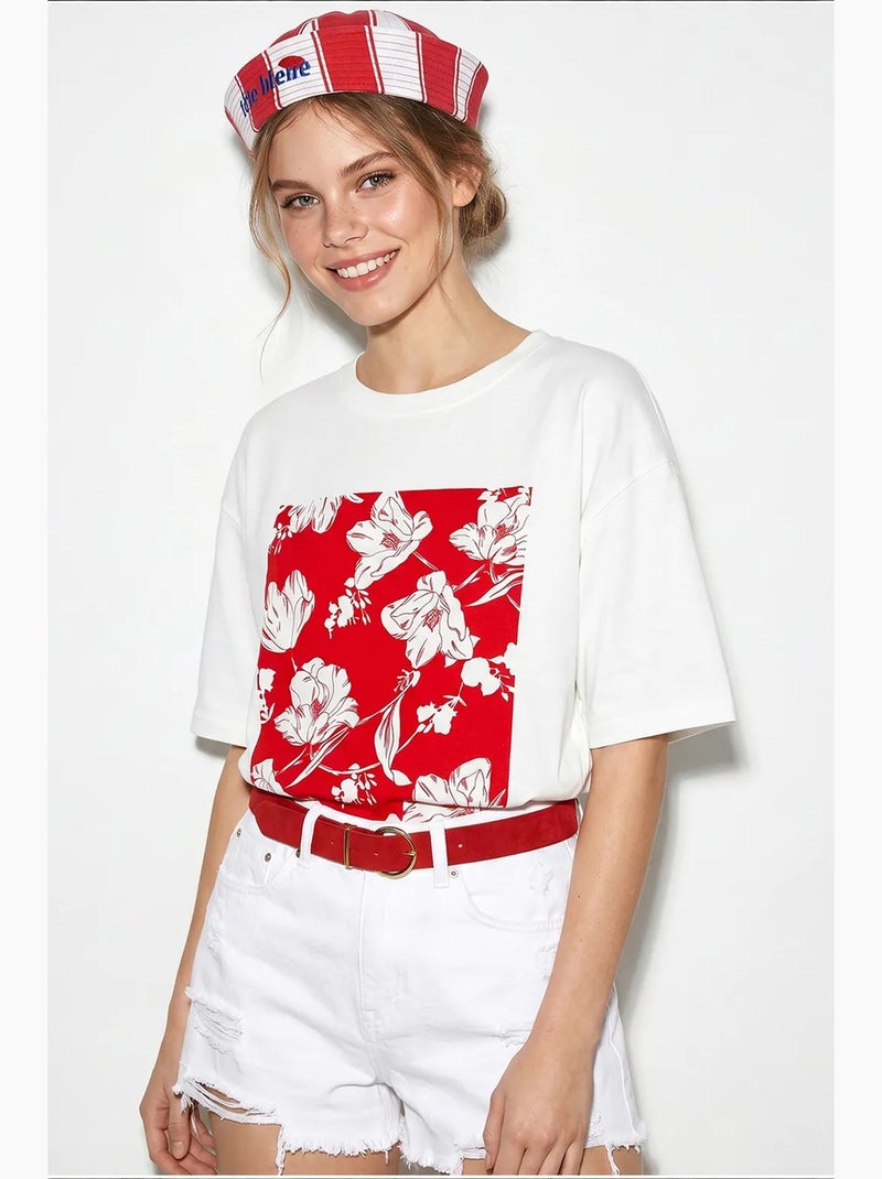 T-shirt oversized de algodão com estampado floral lucci Branco Vermelho - Kiabi