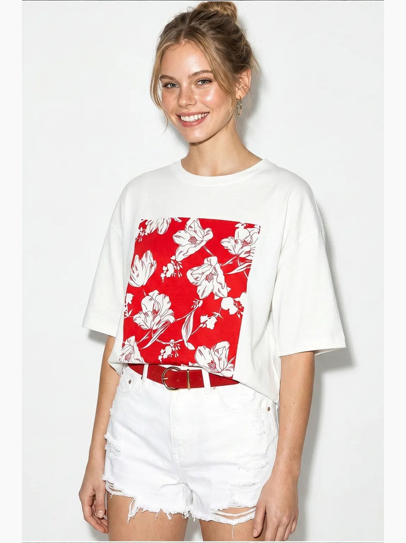 T-shirt oversized de algodão com estampado floral lucci Branco Vermelho - Kiabi
