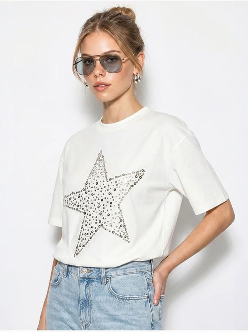 T-shirt oversized de algodão com estrela de lantejoulas lucci - Kiabi T-shirt oversized de algodão com estrela de lantejoulas lucci - Kiabi