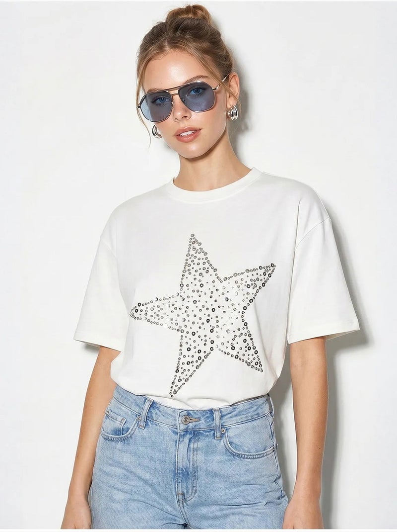 T-shirt oversized de algodão com estrela de lantejoulas lucci Branco sujo - Kiabi