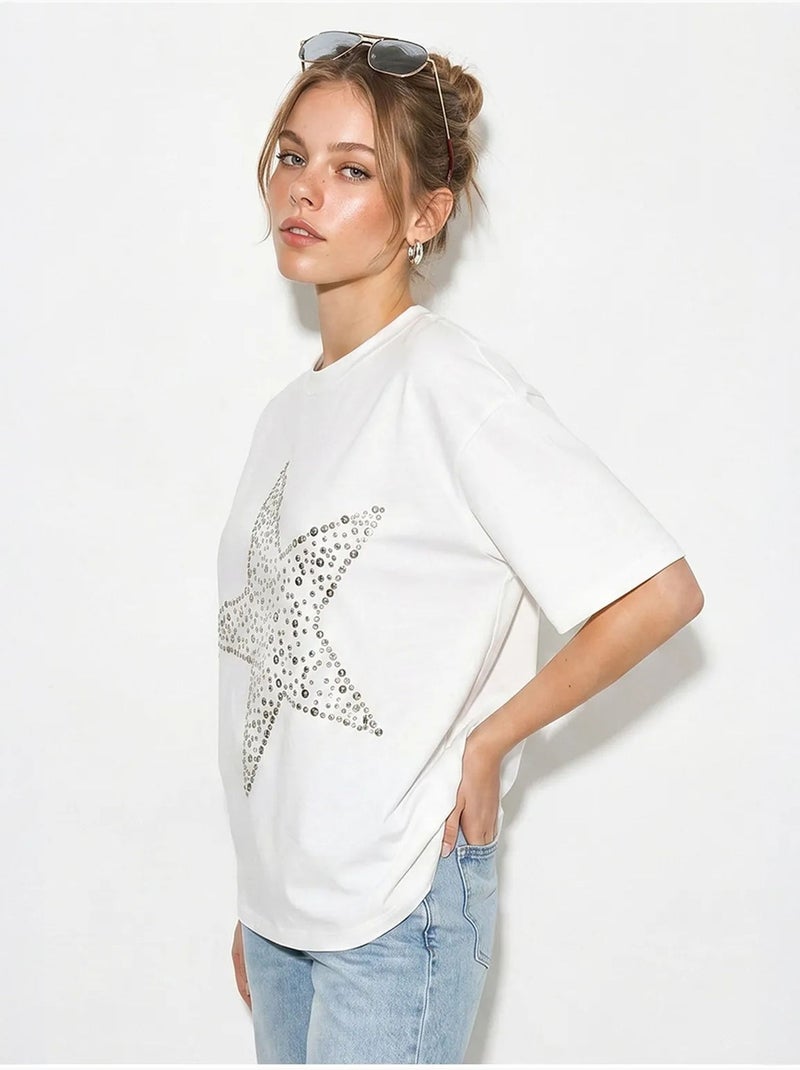 T-shirt oversized de algodão com estrela de lantejoulas lucci Branco sujo - Kiabi