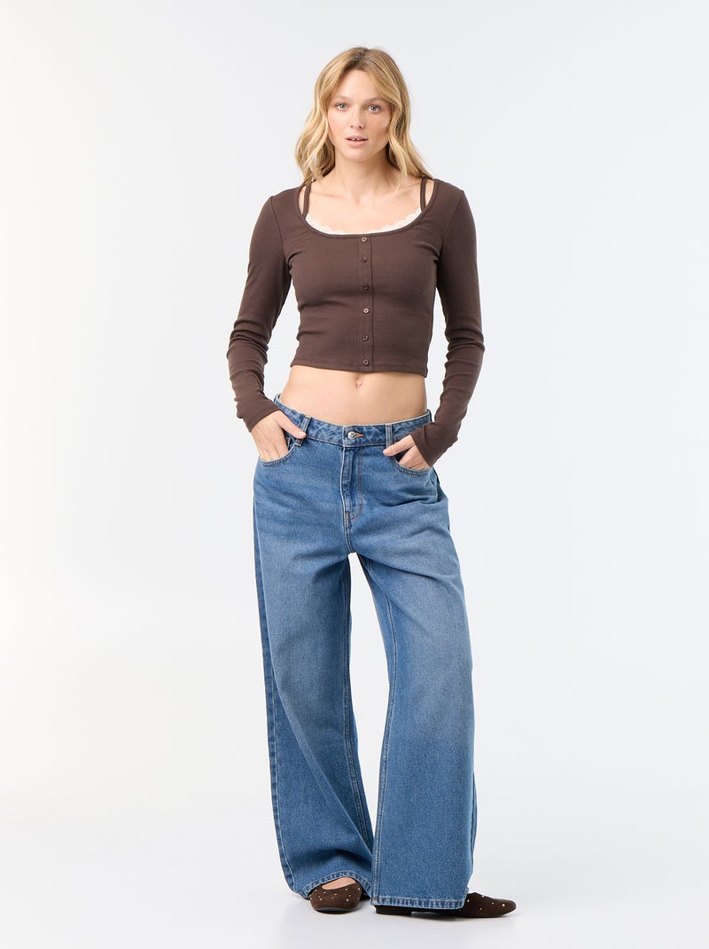 T-shirt regata 2 em 1 com gola de renda Castanho - Kiabi