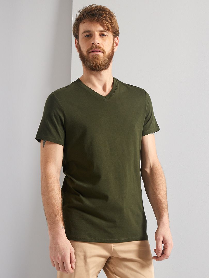 T-shirt regular em algodão com decote em bico CAQUI - Kiabi