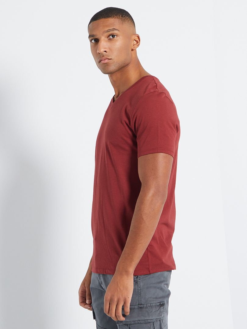 T-shirt regular em algodão com decote em bico ROXO - Kiabi