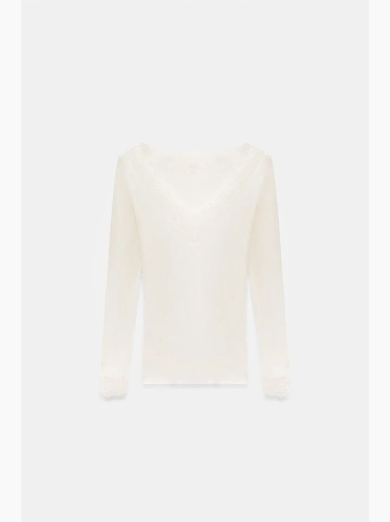 T-shirt renda decote v manga comprida dilvin Branco sujo - Kiabi