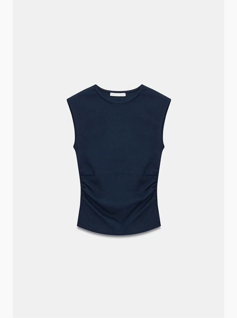 T-shirt sem mangas canelada com gola redonda, corte slim dilvin Azul-lago - Kiabi