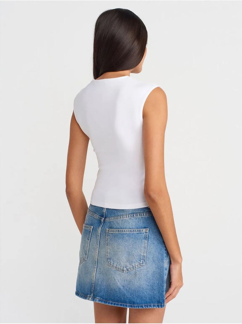 T-shirt sem mangas canelada com gola redonda, corte slim dilvin Branco - Kiabi