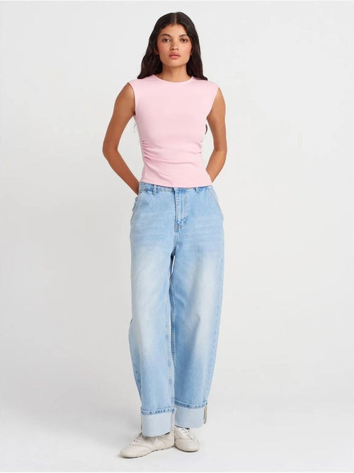 T-shirt sem mangas canelada com gola redonda, corte slim dilvin - Kiabi