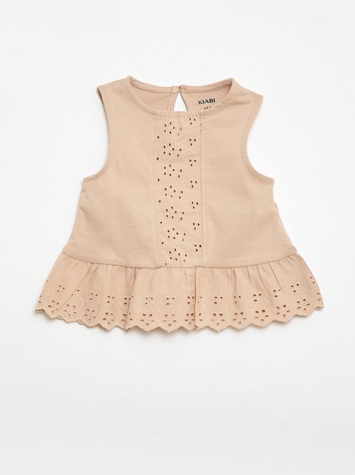 T-shirt sem mangas em jérsei de algodão e detalhes em bordado inglês - Kiabi