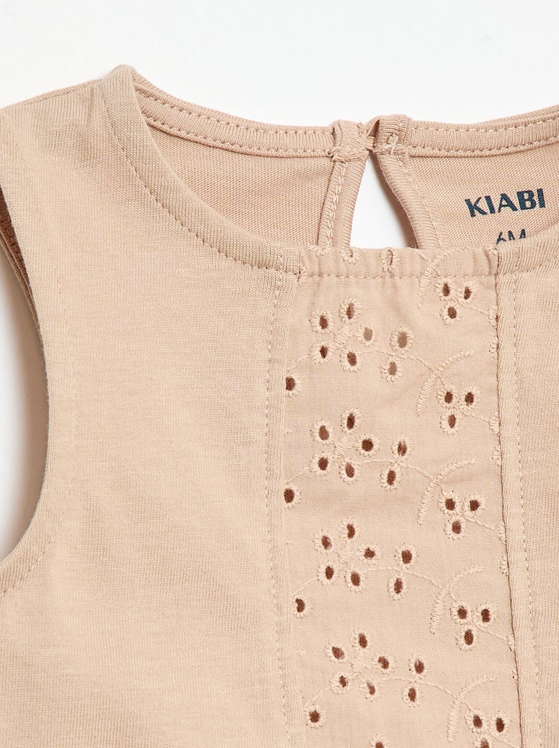 T-shirt sem mangas em jérsei de algodão e detalhes em bordado inglês Bege - Kiabi