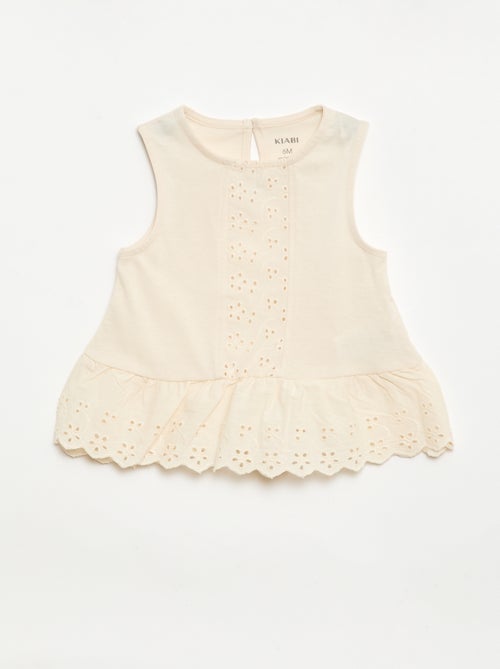 T-shirt sem mangas em jérsei de algodão e detalhes em bordado inglês - Kiabi