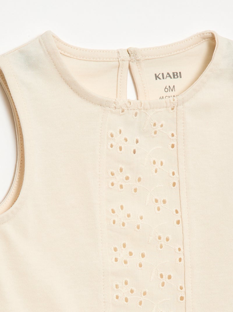 T-shirt sem mangas em jérsei de algodão e detalhes em bordado inglês Cru - Kiabi
