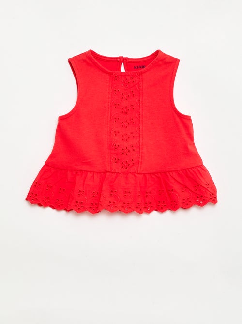 T-shirt sem mangas em jérsei de algodão e detalhes em bordado inglês - Kiabi