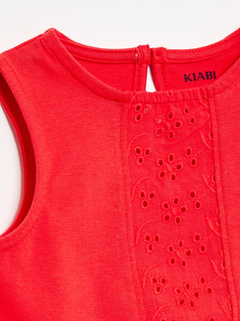 T-shirt sem mangas em jérsei de algodão e detalhes em bordado inglês Vermelho - Kiabi