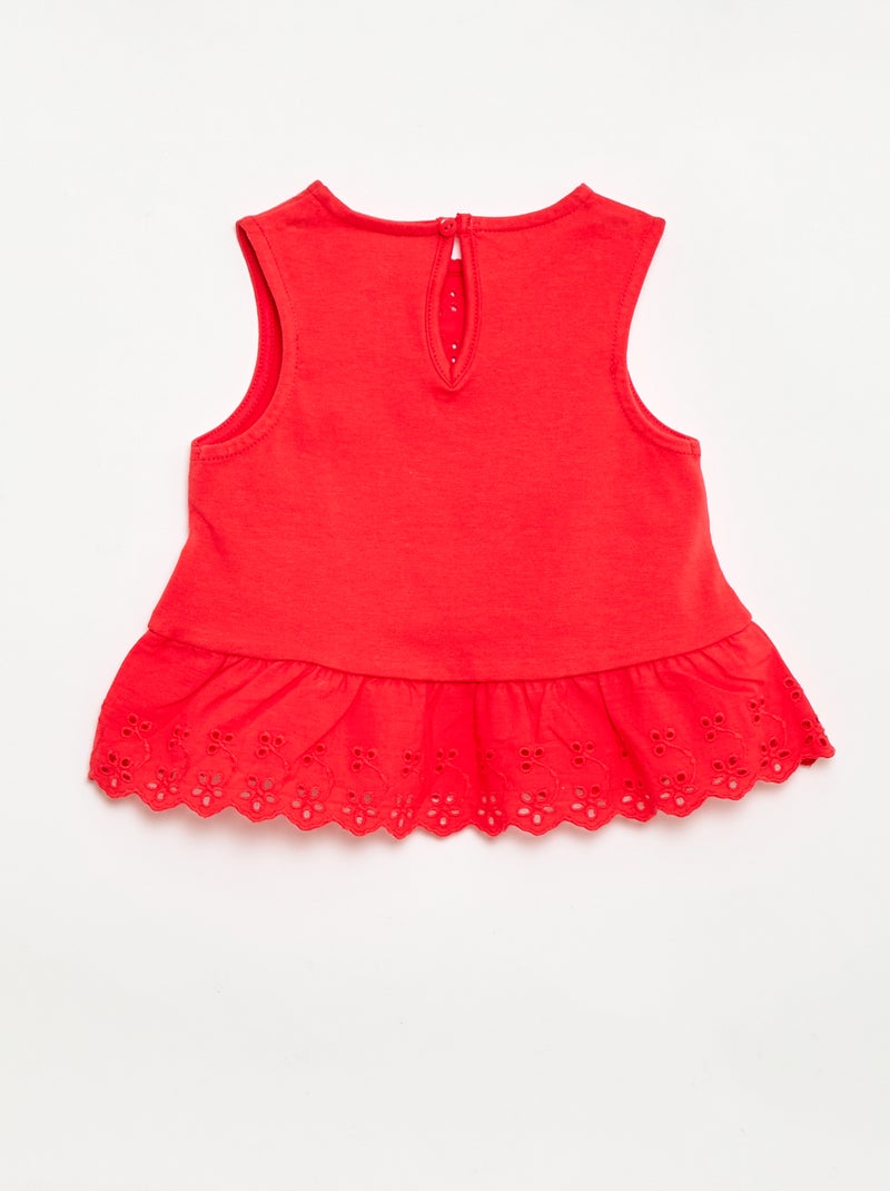 T-shirt sem mangas em jérsei de algodão e detalhes em bordado inglês Vermelho - Kiabi