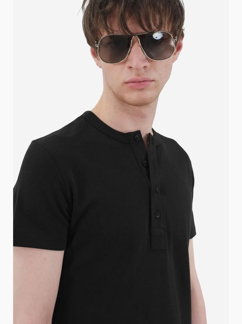 T-shirt slim fit com decote redondo e botões giesto Preto - Kiabi